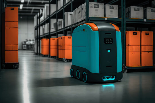 Autonomous Mobile Robots Transporting Products In Smart Warehouse, Generative Ai