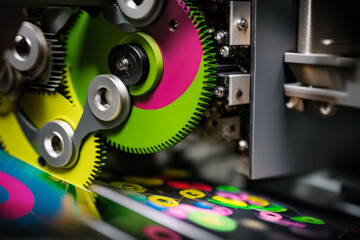 Fototapeta na wymiar Close-up of a high-speed offset printing machine in action, showing gears and rollers working together to produce high-quality printed materials, generative ai