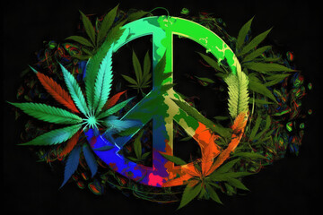 trippy abstract peace sign surrounded by cannabis made by generative ai