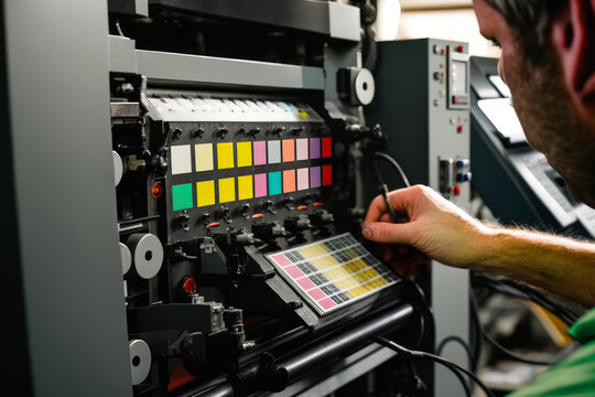 close-up of an offset printing press operator making adjustments to ensure accurate and precise printing, generative ai