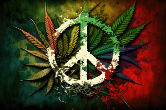 trippy abstract peace sign surrounded by cannabis made by generative ai