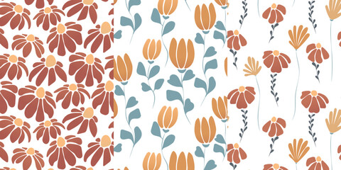 Set of seamless patterns. Flowers in retro style
