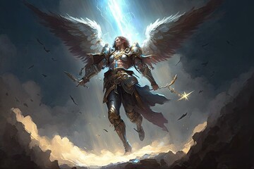Epic archangel warrior knight paladin in heaven with armor and wings, angel fantasy. Generative ai
