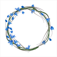 Border, round frame of the first spring blue flowers in retro style, for lettering, backgrounds, textiles, flyers, weddings, holidays