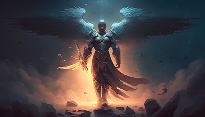 Obraz na płótnie Canvas Epic archangel warrior knight paladin in heaven with armor and wings, angel fantasy. Generative ai