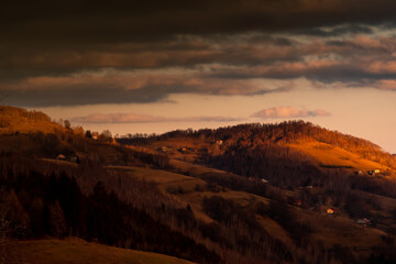 Autumn dark moody sunset in Apuseni Mountains, Romania
