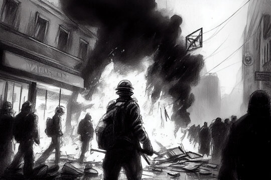 Riots on the street, pencil sketch uproar, city rampage, urban civil unrest disturbance black and white concept illustration, genereative ai	
