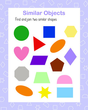 Find and join two similar geometric shapes educational activity for children with colorful objects simple vector illustration, puzzle, printable worksheet, leisure, study activity, teachers resources