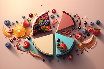 Obraz premium Bright colorful multi-colored cake with splashes of cream, decorated with juicy fruits. Top view. Generative AI