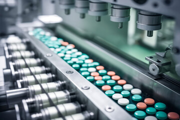 Naklejka premium High-Speed Pill Production in Pharmaceutical Factory, generative ai