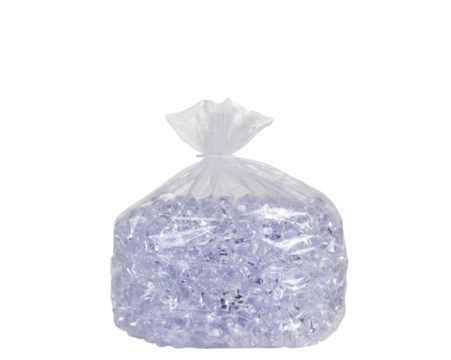 Bag of ice cubes in clear plastic bag isolated on a transparent background