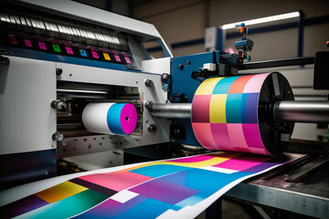 industrial printing machine in the process of printing a colorful, graphic design onto a large roll of paper, generative ai - obrazy, fototapety, plakaty
