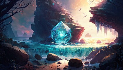 Fototapeta na wymiar Fantasy beautiful crystal ocean, gem forest scenery, glowing trees made of crystal. Generative AI