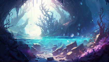 Fototapeta na wymiar Fantasy beautiful crystal ocean, gem forest scenery, glowing trees made of crystal. Generative AI