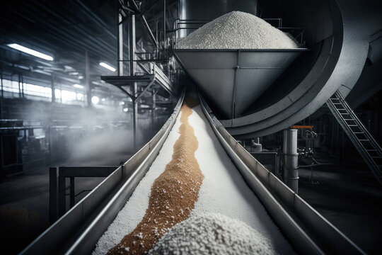 long conveyor belt transporting sugar crystals through a sugar factory, a key part of the processing line, generative ai