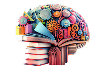 brain, stack of books, Library, education, new idea, science concept, Generative AI	 - obrazy, fototapety, plakaty
