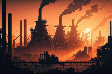 panoramic view of a vast steel mill at sunset, with tall smokestacks and metal structures creating a dramatic silhouette against the orange sky, generative ai
