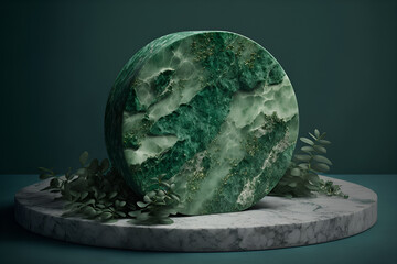 Mockup 3d abstract background with pedestal. Minimalistic realistic image of an empty green podium to showcase cosmetics products. Marble texture. Advertisement. Generative AI