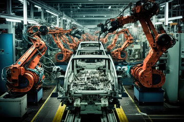 Robots in Motion View of the Car Assembly Line in Action, generative ai