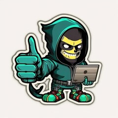 Hacker showing thumbs-up sticker 