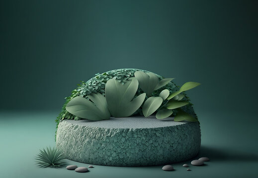 Mockup 3d abstract background with pedestal. Minimalistic realistic image of an empty green podium to showcase cosmetics products with plants. Stone texture. Advertisement. Generative AI