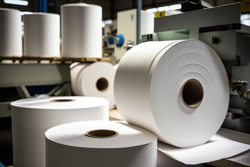 stack of freshly printed rolls of paper, ready for slicing and packaging, produced by an industrial printing machine, generative ai