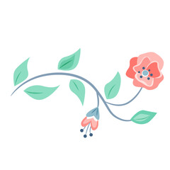 The branch with leaves and pink flower. Vector color illustration.