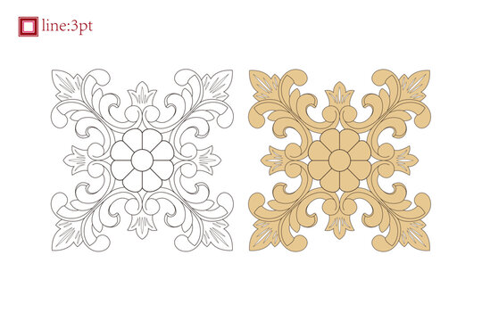European carving stencil square natural wooden applique furniture cupboard wall door applique frame monoline vector decoration. White background. A good mood.