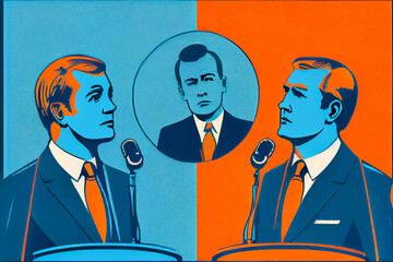 Political debates illustration. Blue and ogange retro style. AI generative