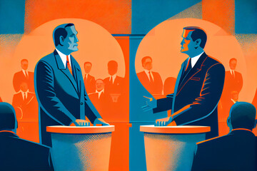 Political debates illustration. Blue and ogange retro style. AI generative