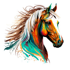 Obraz na płótnie Canvas Portrait of a running horse with a colorful fur and abstract paint splatter. Picturesque vector portrait for wall art, posters, banners, t-shirts, mugs, cases, etc.