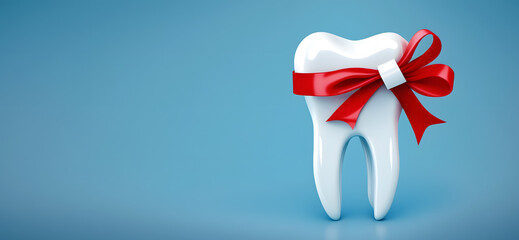 White healthy tooth with red gift ribbon on blue background. Concept oral care health. Generation AI