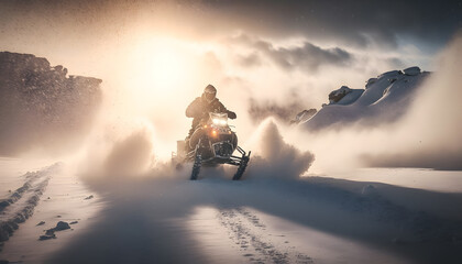Freeride Snowmobile fresh snow in forest with sunlight. Winter Extreme adventure photo. Generation AI
