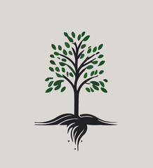 Vector illustration of tree silhouette with foliage and roots
