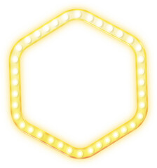 Hexagon square shape light bulb glowing retro theatre style frame border.