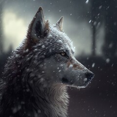 wolf face falling snow