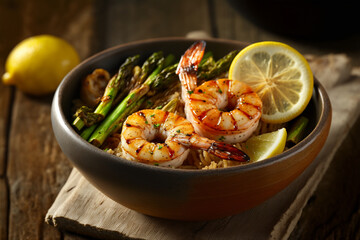 A bowl of with grilled shrimp, served with a side of steamed asparagus and a lemon wedge, generative ai