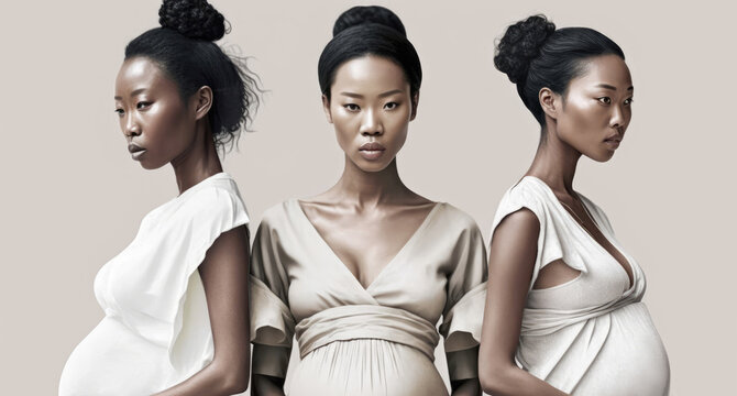 Three beautiful afro-asian pregnant women embrace their bellies on blue background. Generative AI