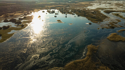 Aerial view of the backwaters of the Narew River on a sunny,spring day.