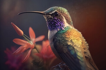 A pretty multicolored hummingbird sitting on flowers. Generative AI digital illustration