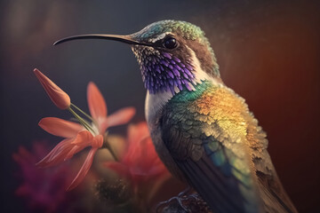 Fototapeta premium A pretty multicolored hummingbird sitting on flowers. Generative AI digital illustration