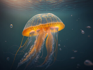 jelly fish in the sea , enjoy nature, Bright sky, Safe Atmosphere, HQ landscape, photorealistic, ultra photoreal, ultra-detailed, intricate details, AI