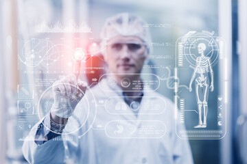 Medical doctor using advance technology big data visual display computer touch screen overlay in...