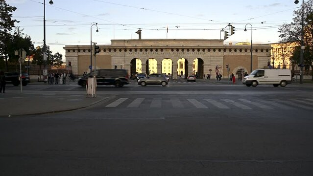 Traffic in Vienna city passing infront of the entrance to Museum Quarter, Austria.