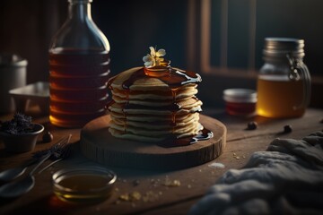 Fototapeta na wymiar A stack of pancakes with butter and maple syrup