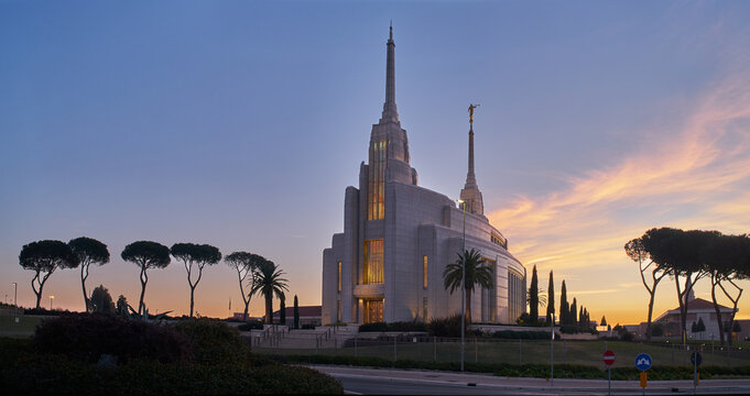 The baroque revival styled Rome Italy Temple mormon church in Rome at dawn	