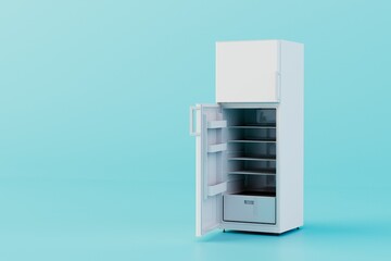 the concept of long-term storage of food. open white refrigerator on a blue background. 3D render