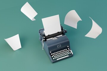 white sheets flying around an old typewriter while printing a book. 3D render