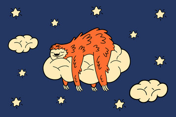 cute lazy sloth sleeping on a cloud among the night sky and stars. cartoon vector illustration © DeShoff