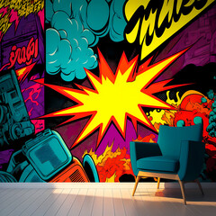 modern pop art comic style living room interior design, created with generative ai